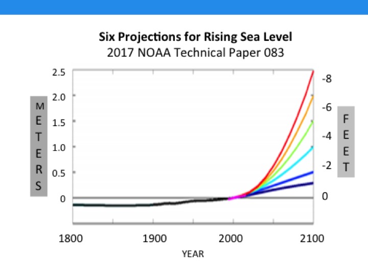 Latest projections for sea level this century. Actual sea level will likely NOT follow any of these. Planning should not be based on average.
